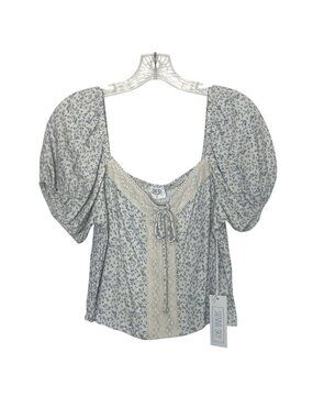 Sienna Sky Linen Blend Top Large Blue New Floral Puff Sleeve Sweetheart Neck